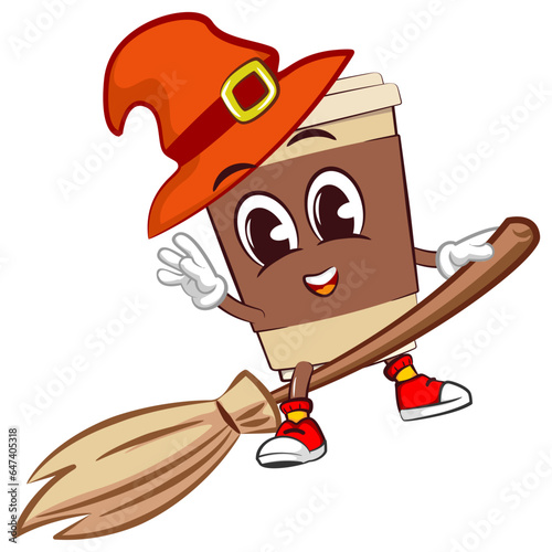 Cute happy coffee paper cup mascot in witch hat riding magic broom. Isolated vector flat cartoon character illustration icon design. Coffee to go, take away concept