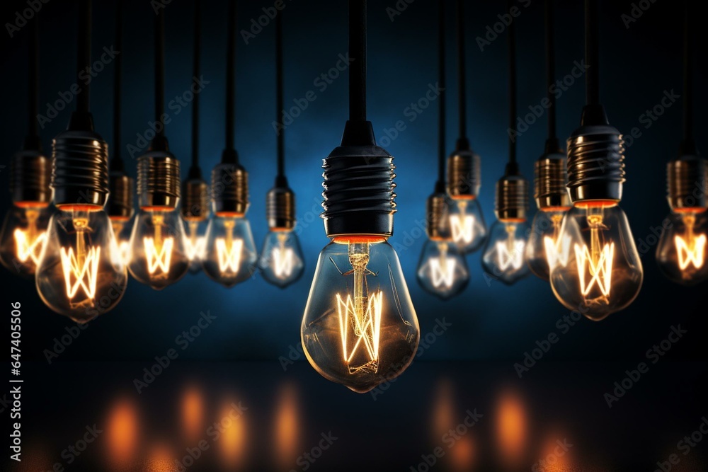 Word 'blackout' below blown lightbulbs, power outage, uncertain energy supply. Generative AI - obrazy, fototapety, plakaty 