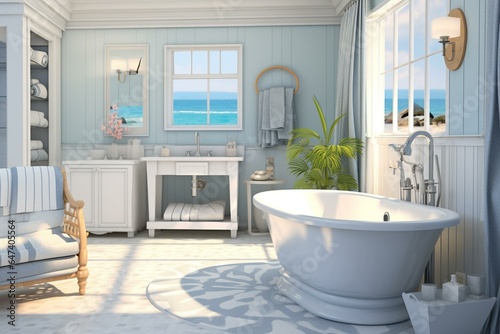 A coastal-themed bathroom with beachy vibes and nautical colors. Generative AI