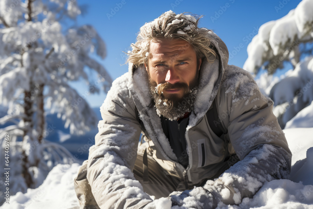 Invigorating January fitness scene, muscular man executing crunches in frosty outdoor setting amidst snow, epitomizing endurance, vitality and New Year resolution.