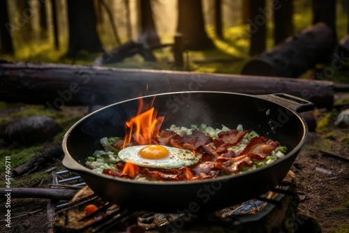 Camping breakfast with bacon and eggs in a cast iron pan
