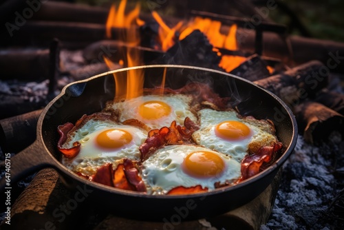 Camping breakfast with bacon and eggs in a cast iron pan