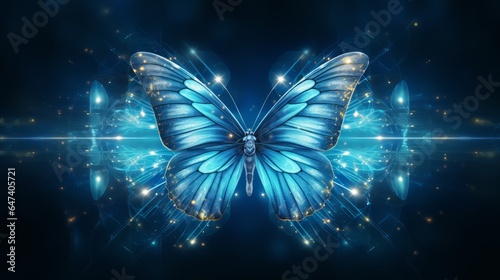 Photo of a stunning blue butterfly with luminous wings against a captivating dark backdrop