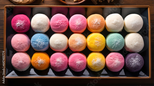 Set of delicious colorful mochi on a plate photo