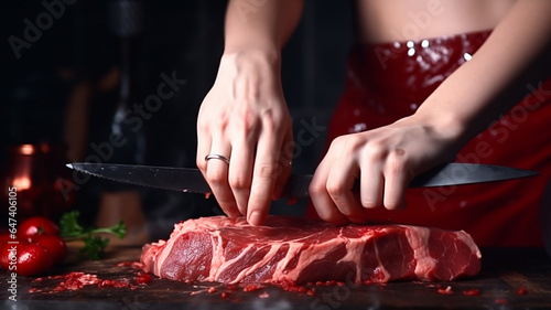 woman with knife on cutting board, close - up