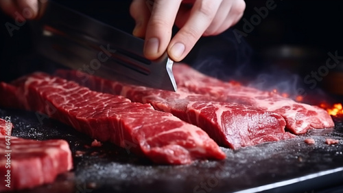 woman with knife on cutting board, close - up