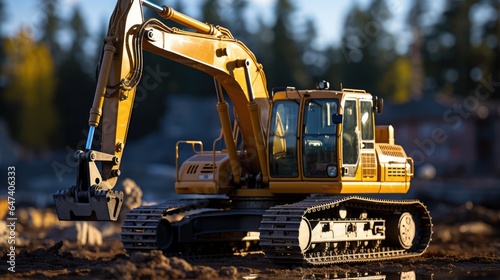 excavator at building construction construction site with bokeh bright sky background