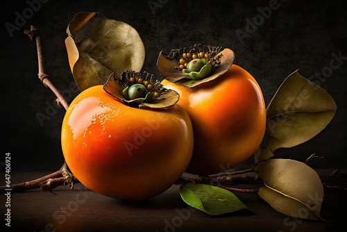Fresh persimmon fruits with leaves on dark background photo