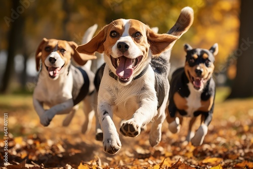 Cute funny beagle dogs group running and playing
