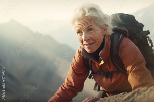 Silver-haired female climber as they navigate a narrow ridge high in the mountains with breathtaking view, copy space photo