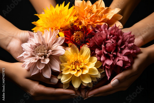 Vibrant multicultural hands holding diverse flowers, liberating wave of colorful petals against a plain background, illustrating beauty, unity and spontaneity.