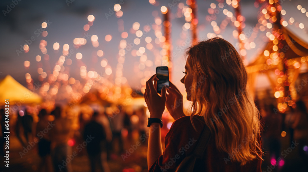 The young woman, immersed in the vibrant atmosphere of the music festival, captures the magic of the moment with her smartphone. With a smile on her face, Generative AI illustration - obrazy, fototapety, plakaty 
