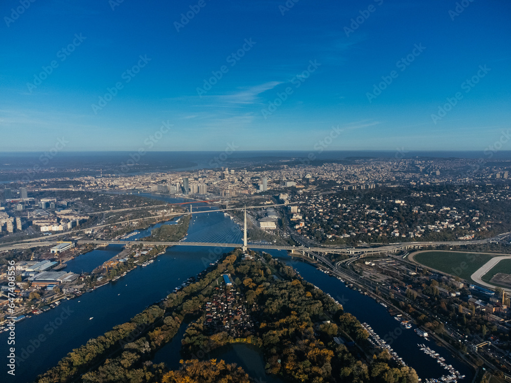 Obraz premium Drone view above the open public park and green trees. Europe. 