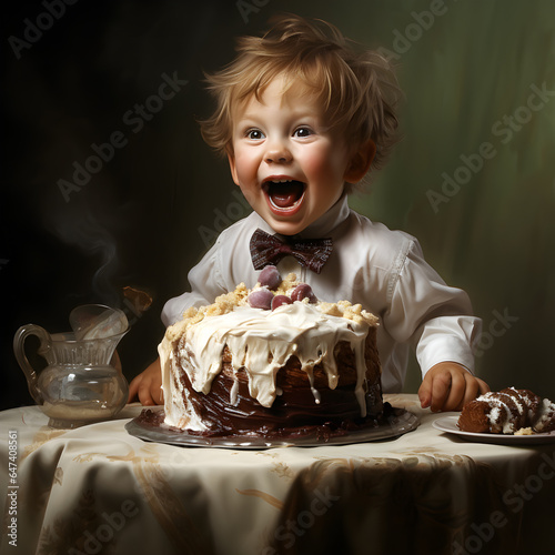 The child is having an absolute blast indulges in the delight eating his cake. With each bite, his face lights up with uncontainable joy, and his eyes twinkle with happiness.Generative AI illustration