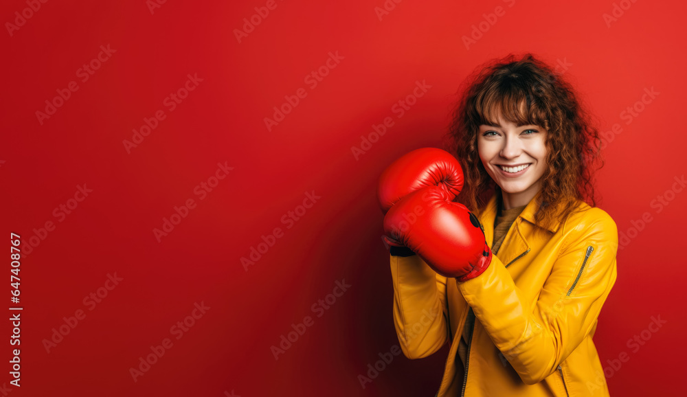 Young woman in jacket wearing boxing gloves, positive expression, smiling. Wide banner with copy space on side. Generative AI Young woman in jacket wearing boxing gloves, positive expression, smiling. Wide banner with copy space on side. Generative AI