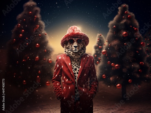 A cheetah wearing red jacket and red hat, standing between decorated Christmas trees with moonlight behind. Season greetings concept. Generative AI