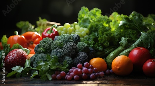 Food background with assorted fresh organic fruits and vegetables