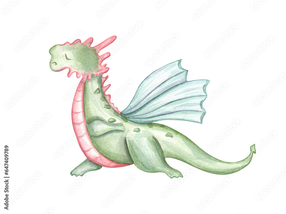 Fototapeta premium Dragon standing in triangle pose, performing warrior one pose. Hatha yoga practice. Winged reptile meditation. Animal practicing fitness exercises. Watercolor illustration