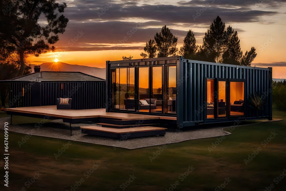 shipping container homes, modern, cozy, luxury, wooden roof, big house, old, sunset, old container, outdoor sofa, outdoor fireplace - AI Generative shipping container homes, modern, cozy, luxury, wooden roof, big house, old, sunset, old container, outdoor sofa, outdoor fireplace - AI Generative
