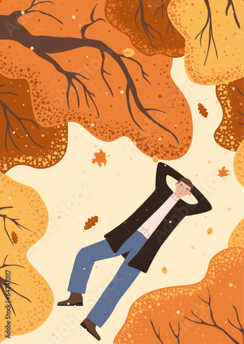 man lies under autumn trees. card with a male lying on the ground, top view. Young boy are resting in the autumn forest. Flat vector illustration