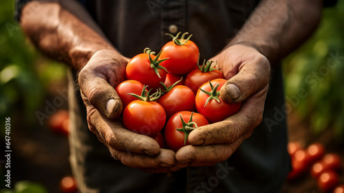 a man holds a bunch of tomatoes in his hands.