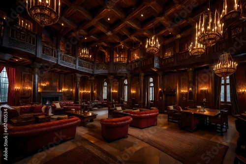 the opulent interior of a Viking castle, a breathtaking fusion of rugged strength and intricate beauty - AI Generative