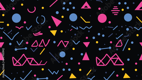 Geometric Vector pattern on a black background. Form a triangle, a line, a circle. Hipster fashion Memphis style.