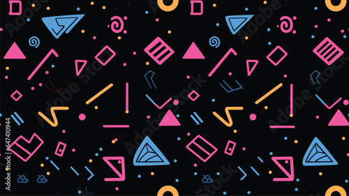 Geometric Vector pattern on a black background. Form a triangle, a line, a circle. Hipster fashion Memphis style.