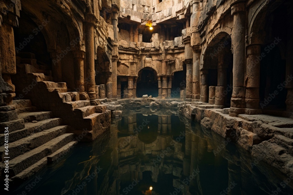 A large ancient cistern surrounded by the remnants of a former community. Generative AI