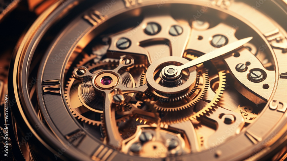 close up of golden watch mechanism. time is money.