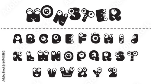 Fun vector font. Decorative monsters with eyes. Halloween font.