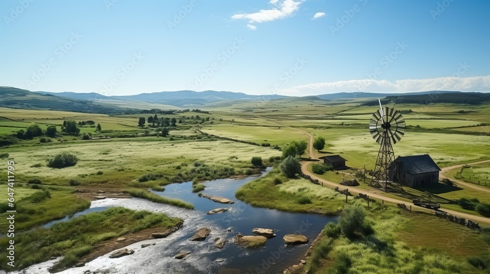 Landscape with a chamomile field and a river near a windmill. Summer atmosphere with clean area without people and animals