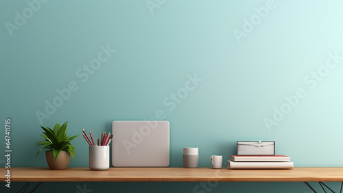 modern laptop and cup of coffee on color wall in room