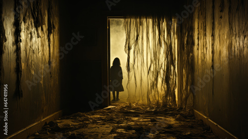 Mysterious child peeking from tattered curtain at a ghostly figure in eerie, moonlit haunted house hallway. Perfect for supernatural horror and thriller themes.