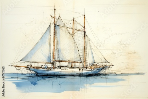 Blue sea sailboat sketch. Generative AI