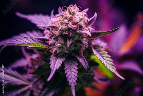 Close-up of the top cannabis bud on a purple cannabis plant. Generative AI