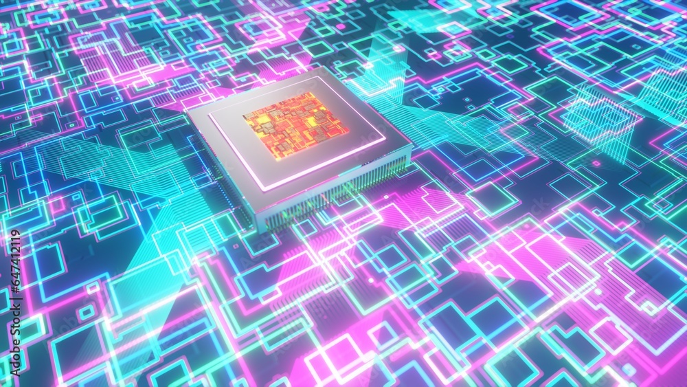 Computer Chip on a Circuit Board with a Maze Pattern 3D rendering Computer Chip on a Circuit Board with a Maze Pattern 3D rendering