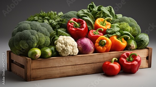 Fresh Vegetables in wooden box on wooden table on a white background
