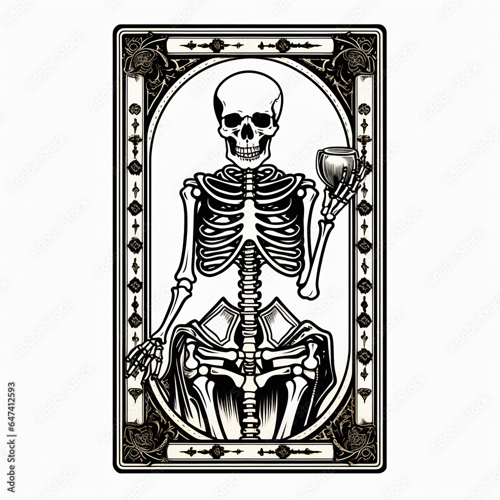 tarot card skeleton ,black line white background