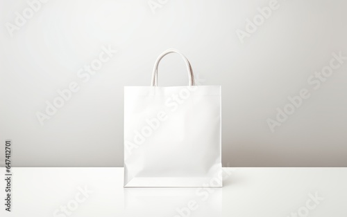 Blanc white paper shopping bag on white floor over gray background. Mock-up tote bag item template. Copy space. Shopping sale delivery concept.