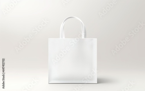 Blanc white paper shopping bag on white floor over gray background. Mock-up tote bag item template. Copy space. Shopping sale delivery concept.