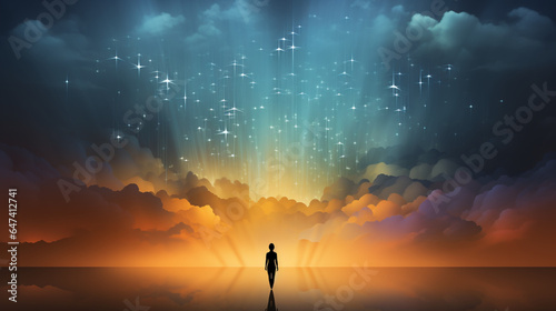 World mental health day concept Silhouette alone woman standing on abstract of heaven background made with AI