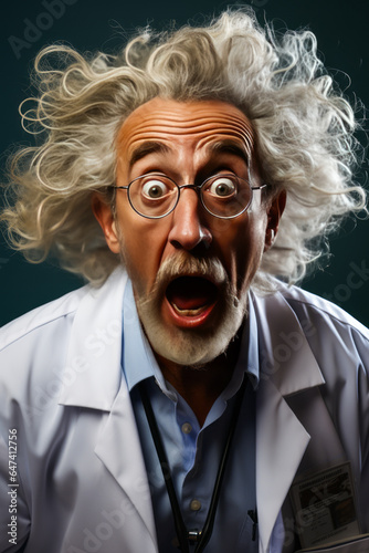 Unique elderly male doctor in disbelief, expressive eyes wide open with a neutral background, evoking humor and surprise wrapped in eccentricity.