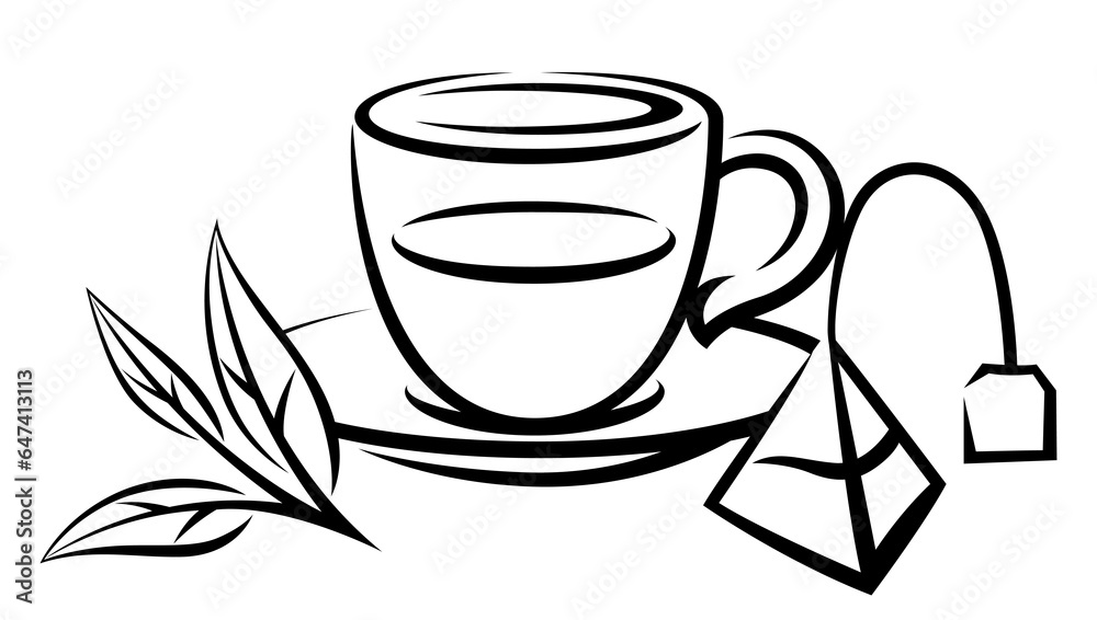 Cup and bag with tea. Illustration of traditional drink. Cup and bag with tea. Illustration of traditional drink.