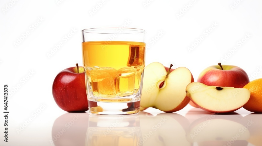 Glass of apple juice and sliced apple fruits isolated on darker background Glass of apple juice and sliced apple fruits isolated on darker background