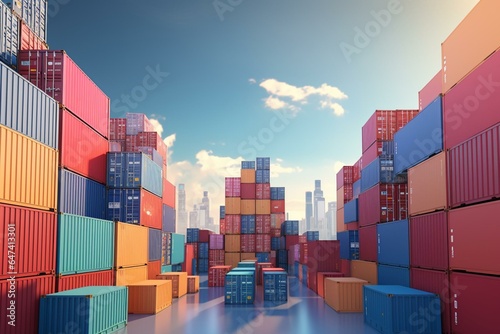 3D rendering of boxes and cargo containers representing the national economy. Generative AI
