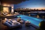 Luxurious rooftop patio with swimming pool and breathtaking cityscape vistas. Generative AI