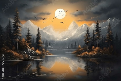 Modern canvas art mural wallpaper featuring a lake, moon, golden Christmas tree, gray mountain, sun with clouds, and golden birds. Perfect for framing walls. Generative AI