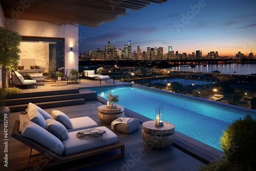 Luxurious rooftop patio with swimming pool and breathtaking cityscape vistas. Generative AI © Cassidy