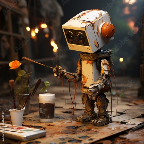 The robot draws pictures, an illustration of the work of artificial intelligence on art and image creation. Concept: Digital art